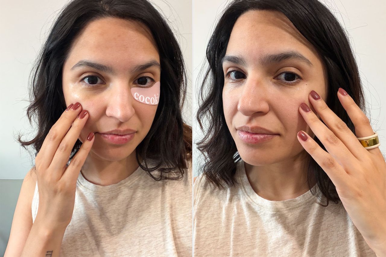 A woman using Cocokind reusable silicone eye patches on one side of her face shown before and after application