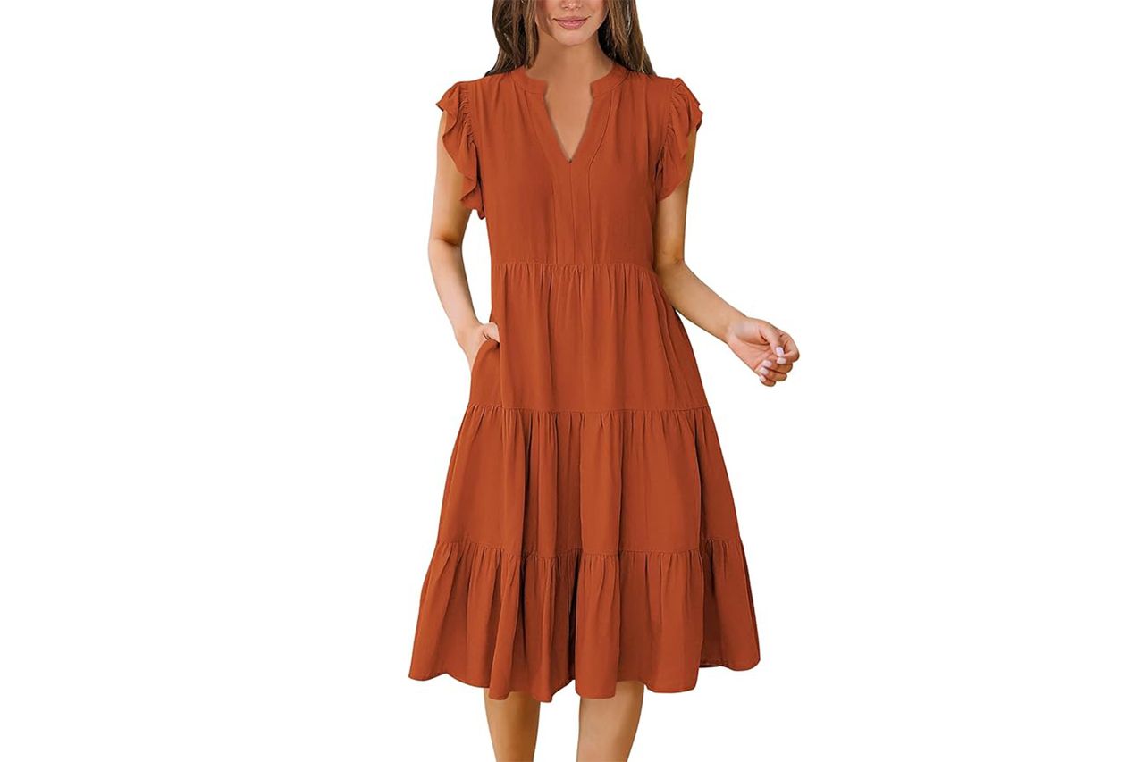 ANRABESS Womens Summer Dress Ruffle Sleeve V Neck Midi Dresses