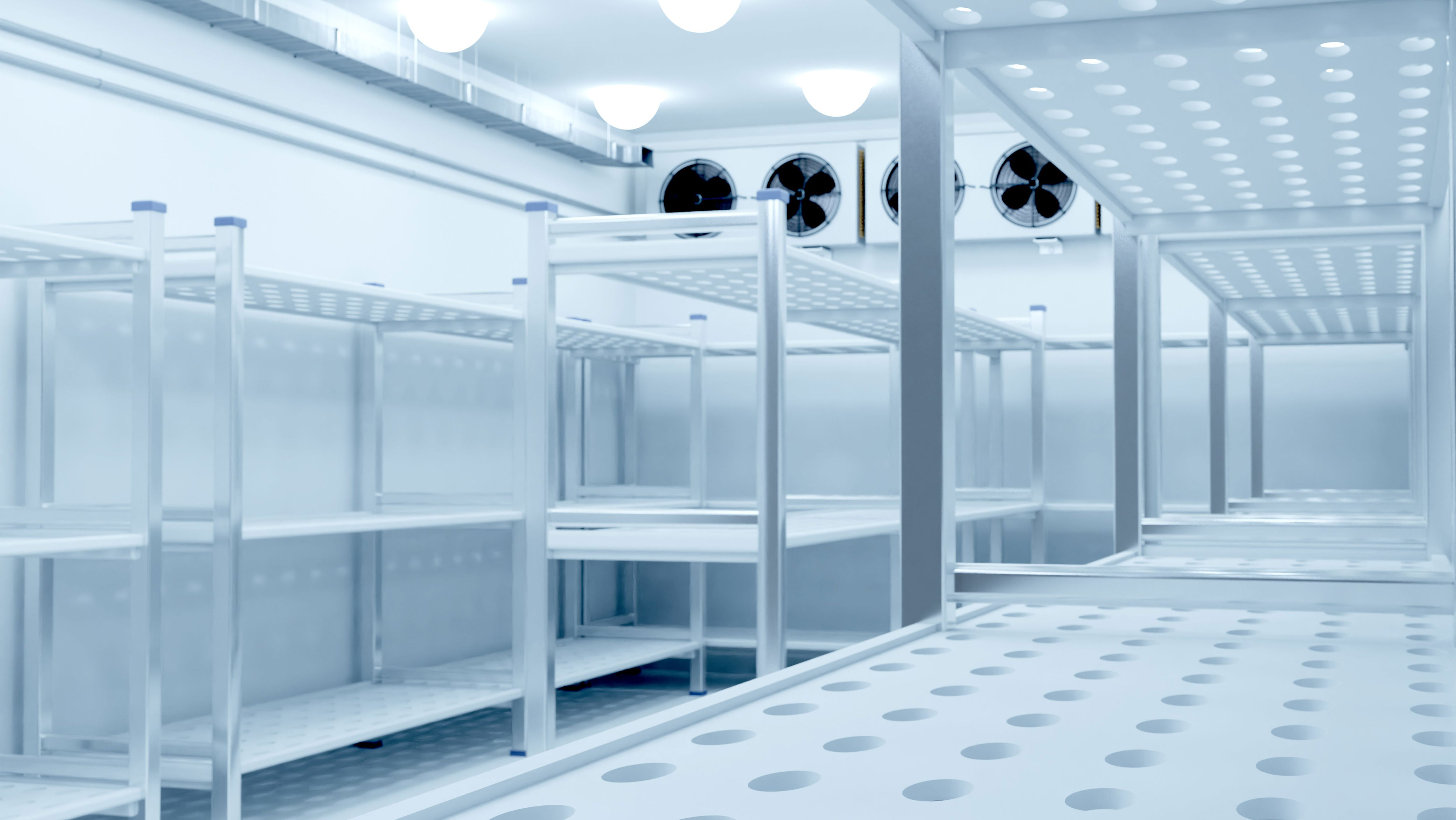 Industrial refrigeration chamber used for food storage inside a warehouse.