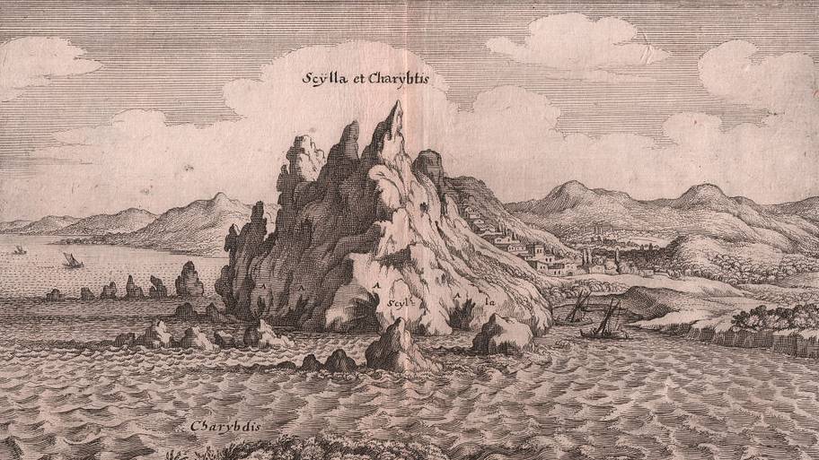 Scylla and Charybdis, view of the Strait of Messina, Calabria, Sicily, Italy, copper engraving