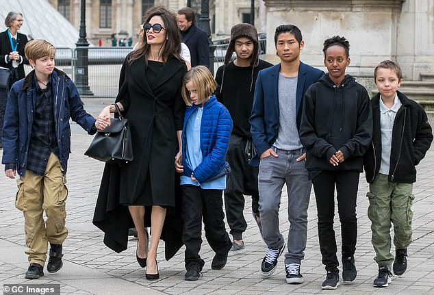 Brangelina conceived three children - Shiloh, 20, and twins Knox and Vivienne, 18 - and also adopted Maddox, 24, Pax, 22, and Zahara, 21; Jolie pictured with all six children in 2018