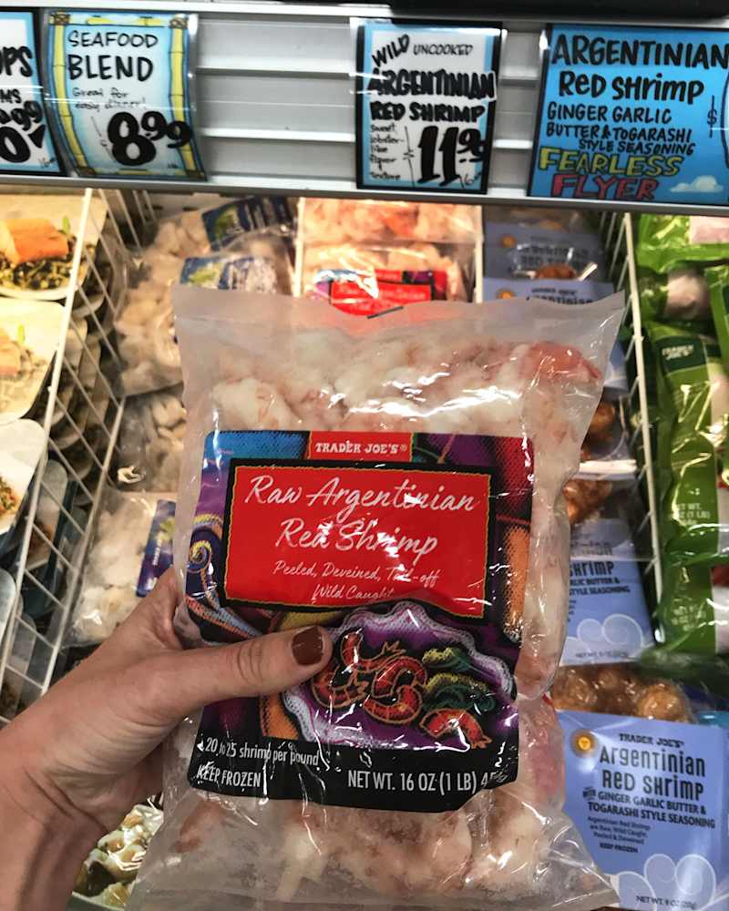 Raw Argentinian Red Shrimp in freezer at Trader Joe's store