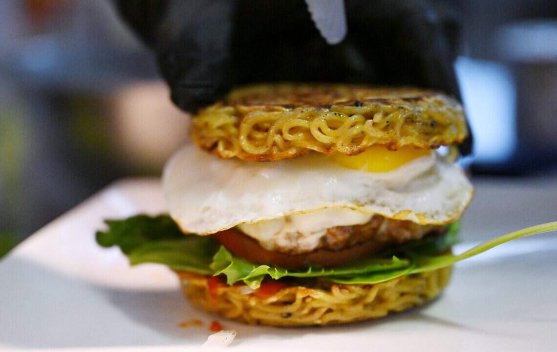 The ramen burger is seen at George Widjaja's Little Leaf Bar & Restaurant, photographed Wednesday, July 15, 2026 in Fresno.