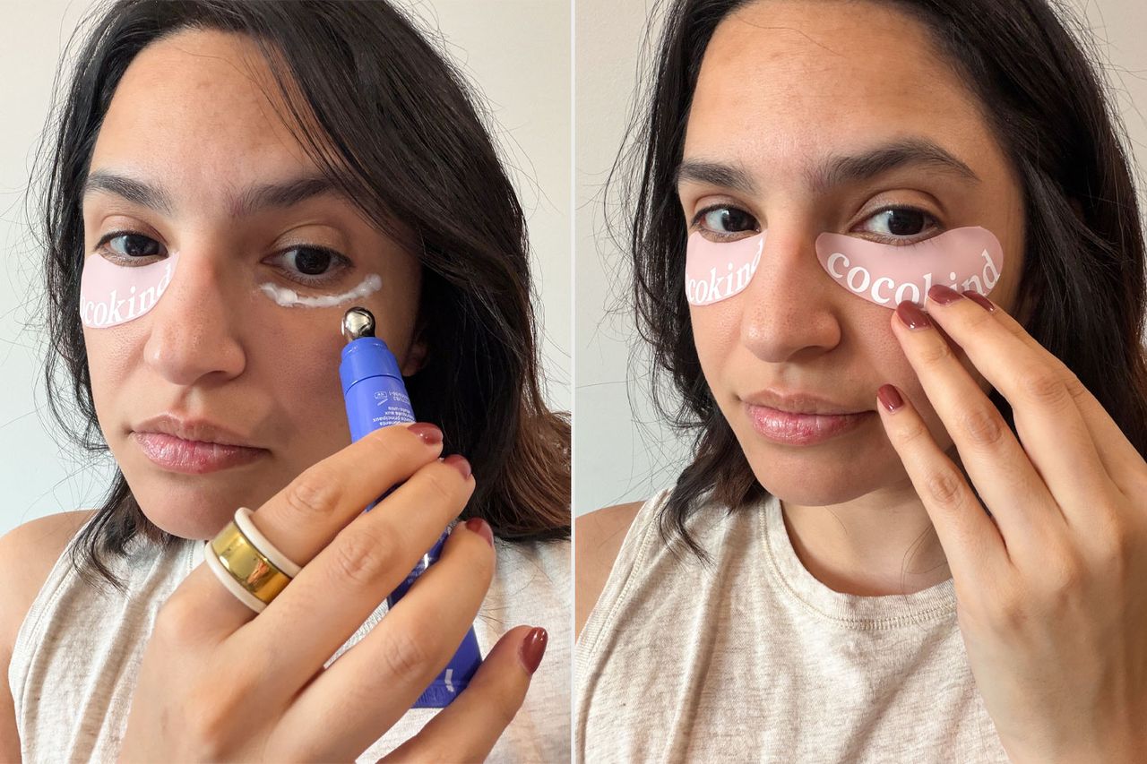 Person applying skincare product under their eyes reusable silicone eye patches visible in the second view