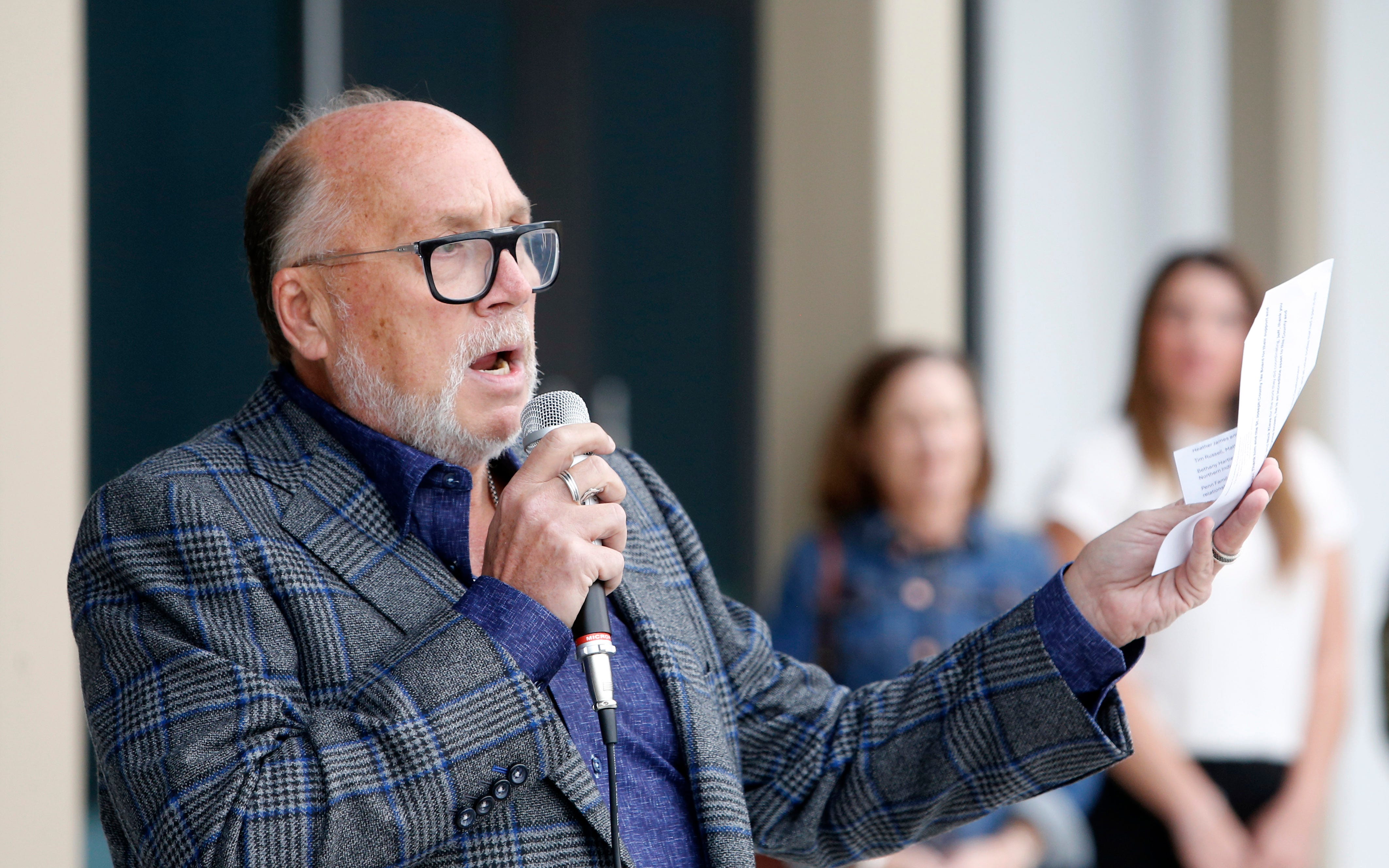 Andrew Card, founder and CEO of Card & Associates, speaks Wednesday, Oct. 23, 2024, at the formal opening of the Mishawaka Fieldhouse regional sports facility in Mishawaka.