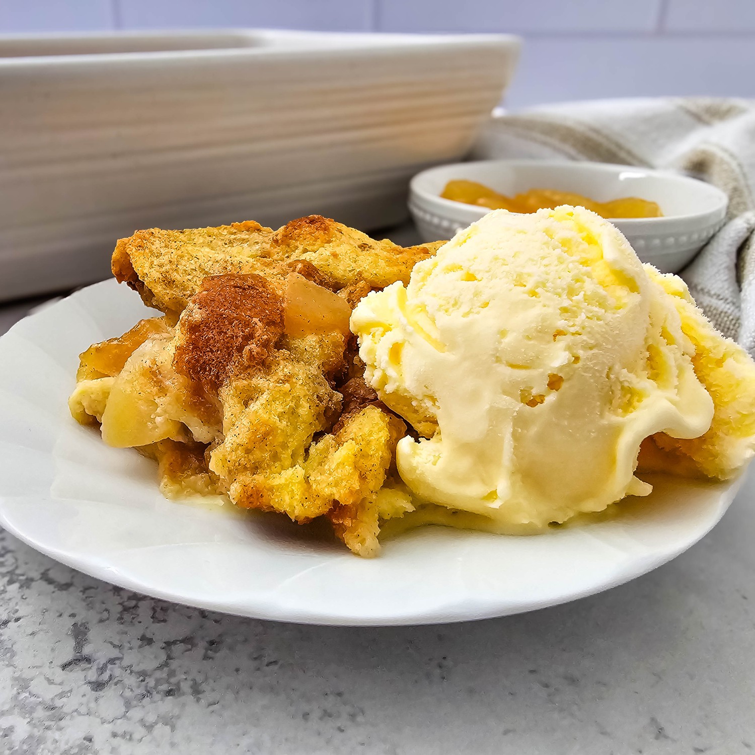 Apple pie bread pudding (brioche + pie filling, one pan)