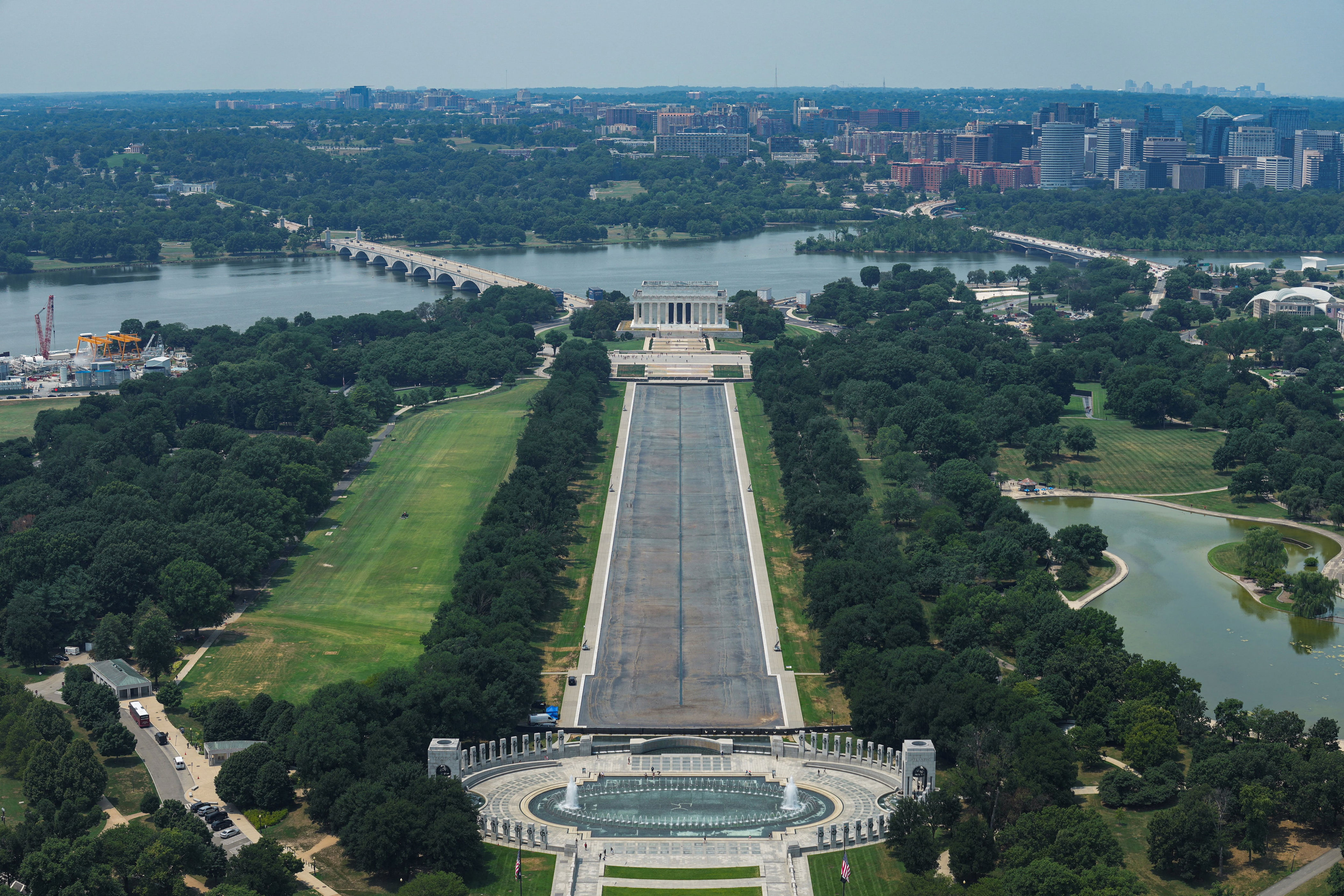 A view from the Washington Monument of the drained Lincoln Memorial Reflecting Pool on July 15, 2026. / Al Drago/Reuters