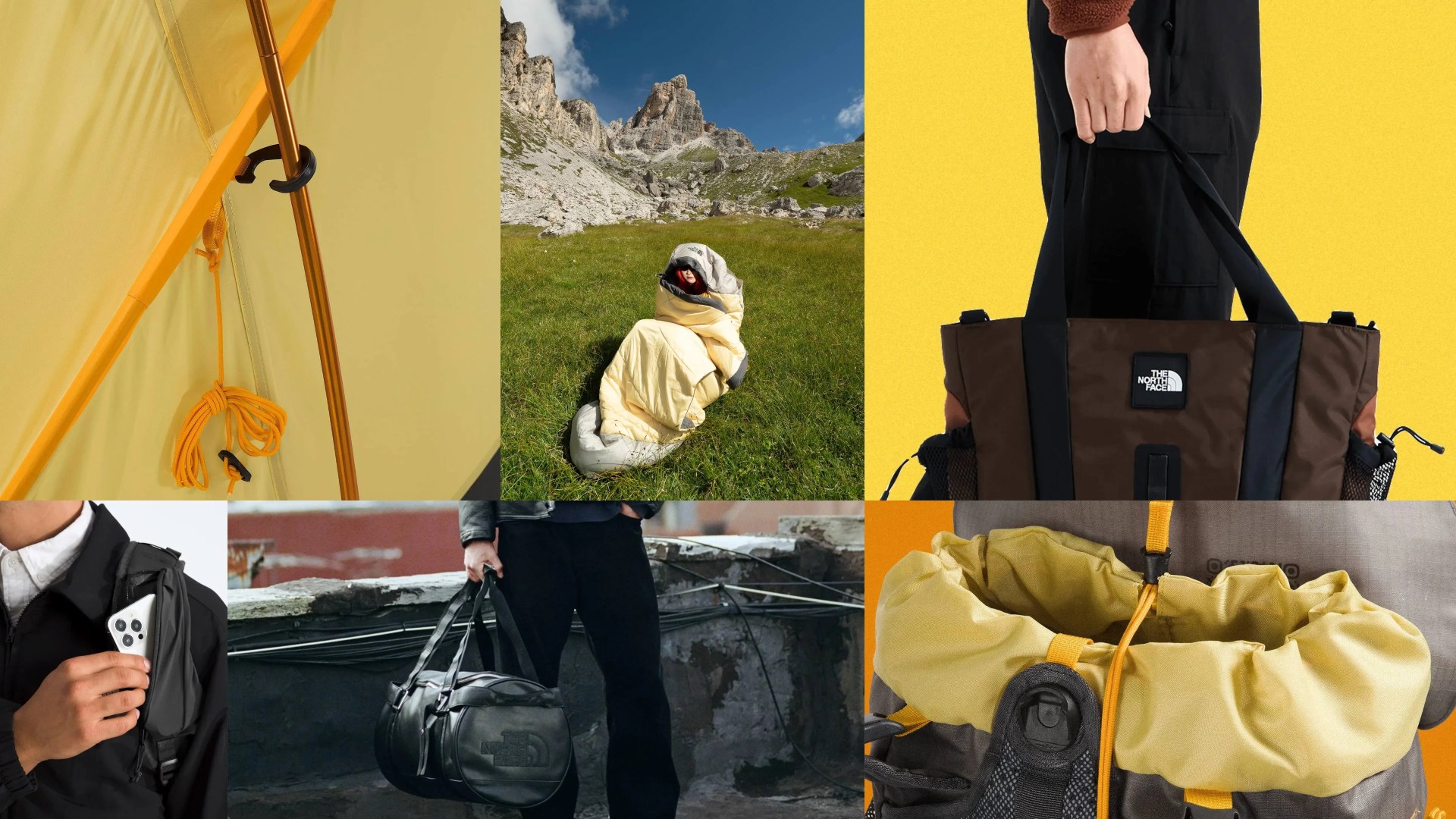 Collage of outdoor gear including a yellow tent pole with rope, person wrapped in a yellow sleeping bag on grass, hand holding a brown The North Face tote bag, person placing a phone in a black jacket pocket, person holding a black The North Face duffel bag, and close-up of a yellow drawstring backpack.
