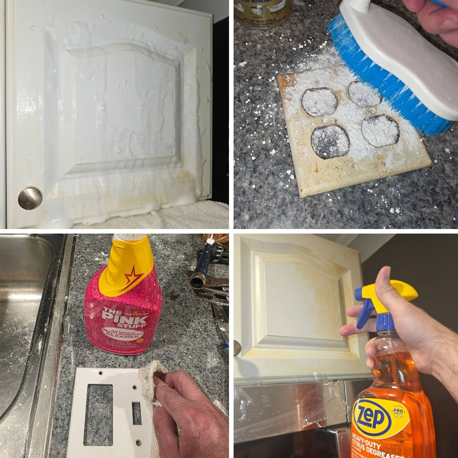 Testing in action of four different degreasers: Easy-off (top left), Bar Keepers Friend (top right), The Pink Stuff (bottom left) and Zep (bottom right). (Courtesy Chrissy Callahan)