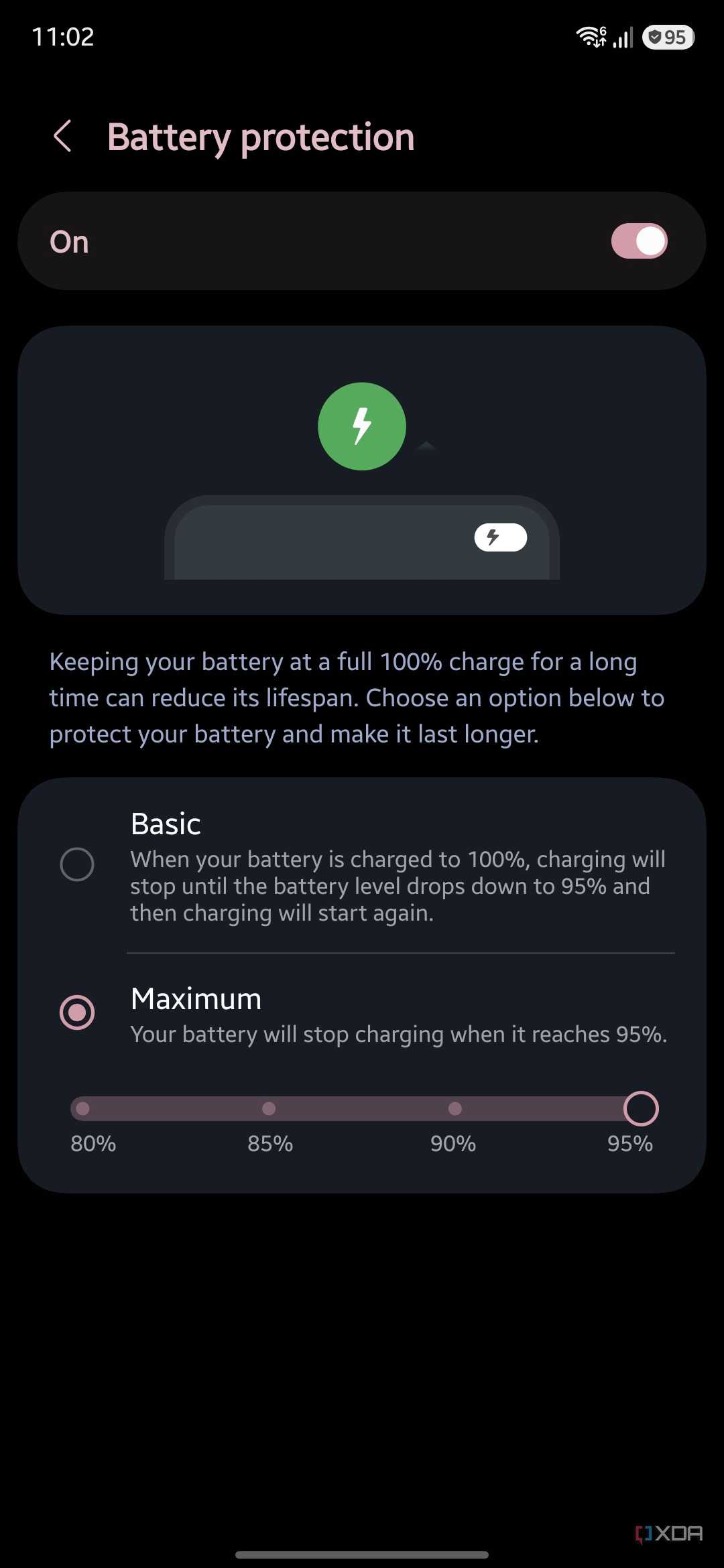 Battery protection settings with Maximum mode selected and charge limit set to 95 percent