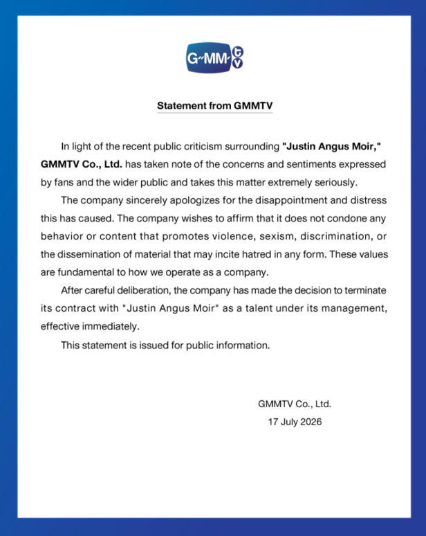 What did Justin Angus Moir do to get his contract terminated by GMMTV ...