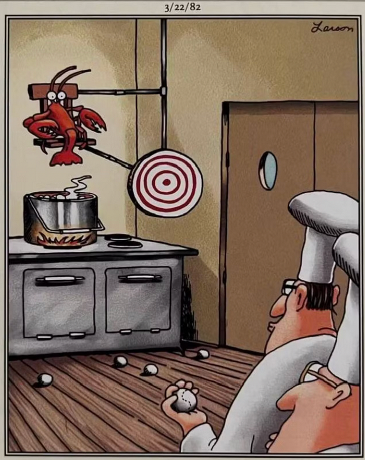 A man throws a baseball at a lobster