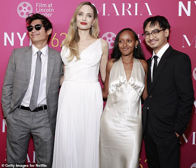 Jolie is pictured with her three eldest children, (from left) Pax, Zahara and Maddox, at a New York screening of her 2024 Maria Callas biopic Maria