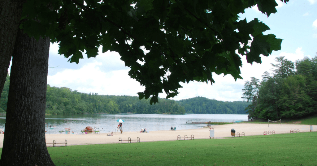 The beach at Fairy Stone State Park, home to a hidden lake in Virginia.