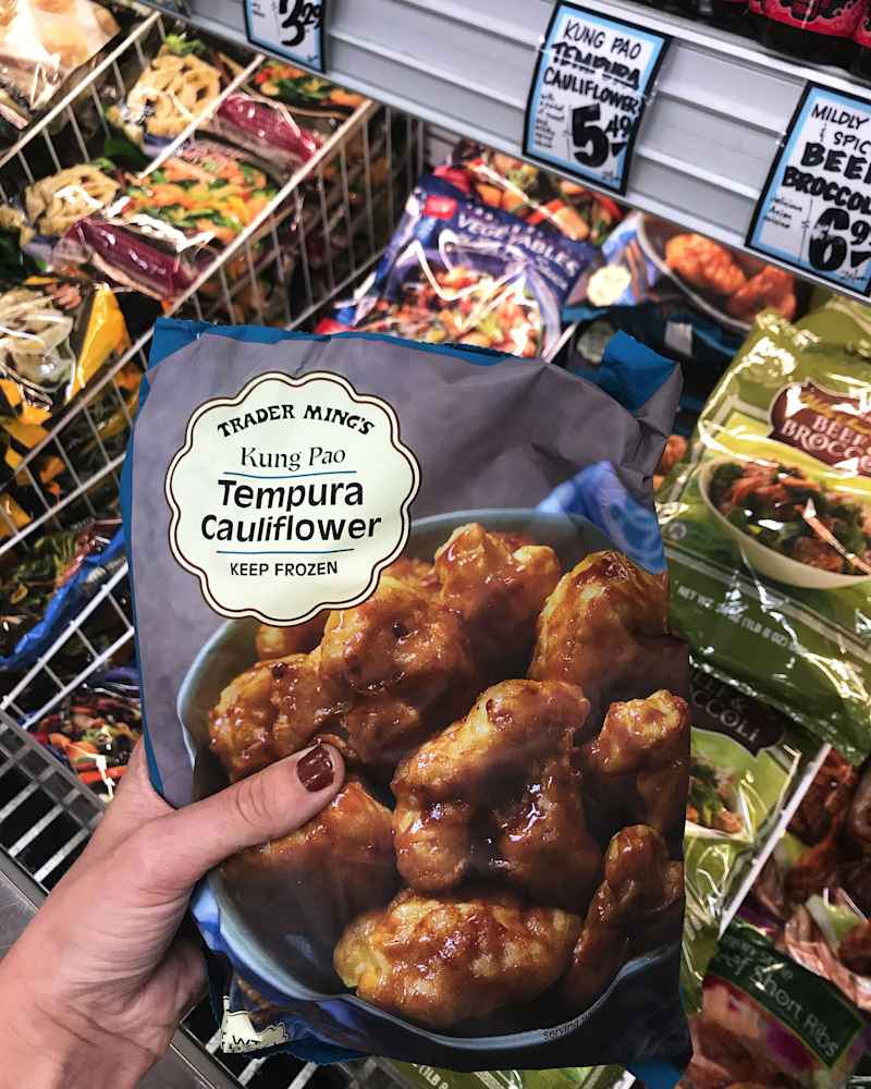 Kung Pao Tempura Cauliflower in freezer at Trader Joe's store
