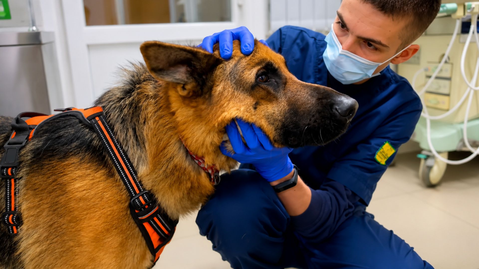 German shepherd stays brave at the vet