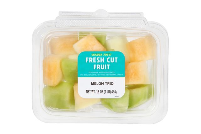 Packaged melon trio from Trader Joes featuring cantaloupe and honeydew chunks labeled fresh cut fruit