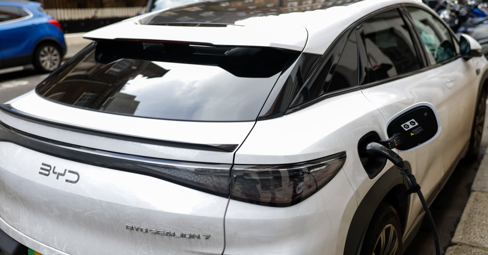 A BYD Co. Sealion 7 EV charging at a roadside charge point in central London, UK, on Monday, Feb. 9, 2026.