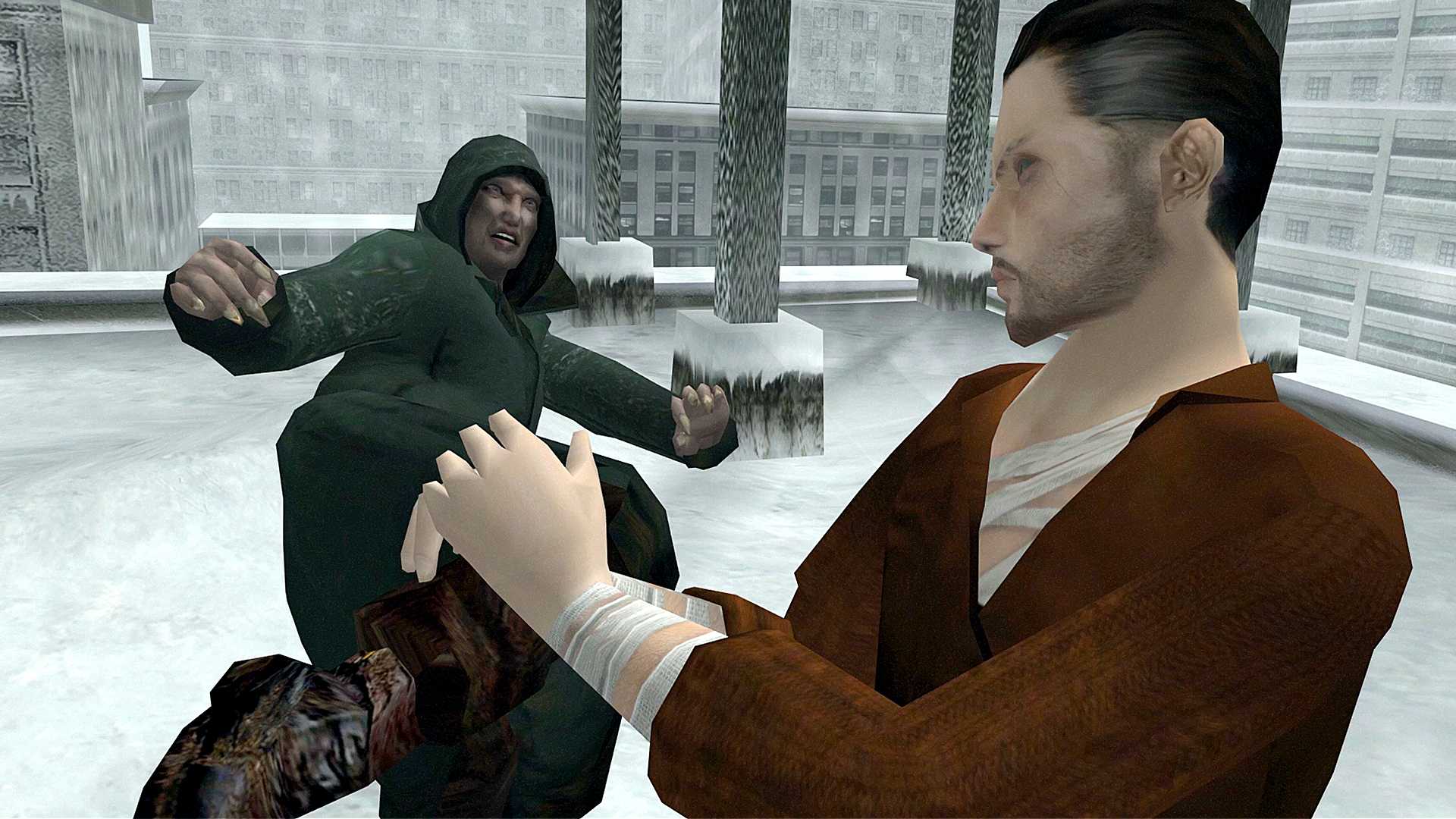 Two characters fight on a snowy rooftop in Indigo Prophecy.