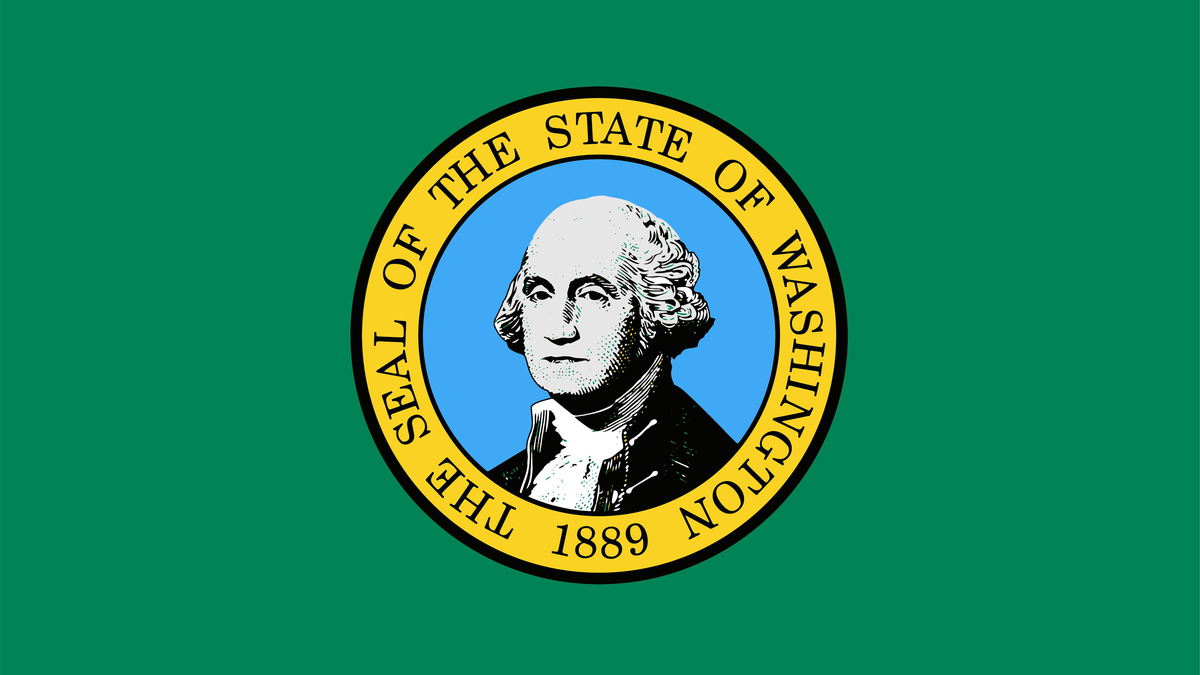 Illustration of the Washington State flag with a green background and state seal in the center.