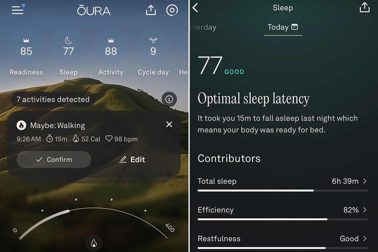 Two screenshots showing data from the Oura Ring app The left displays activity metrics the right shows sleep quality metrics