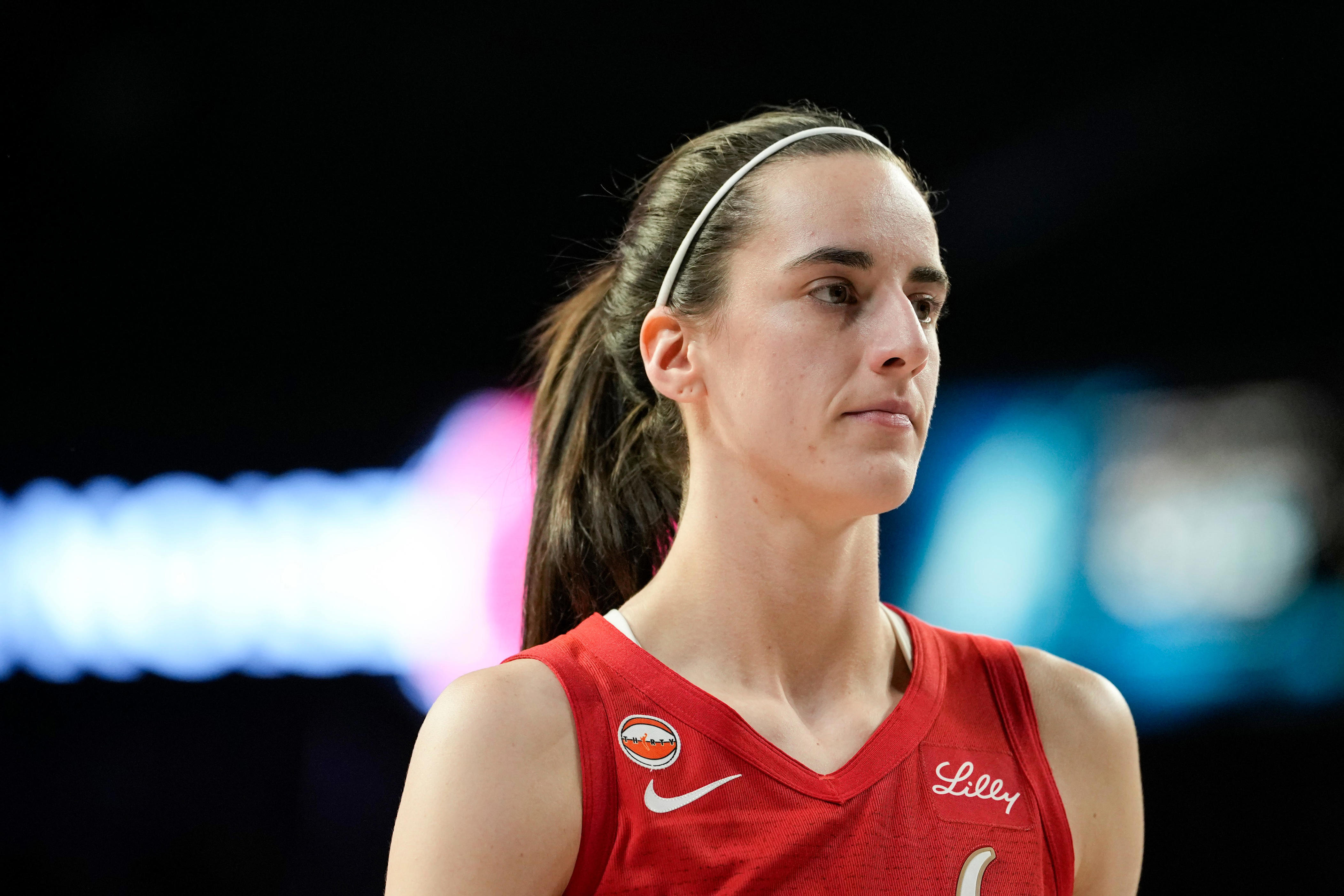 Jul 12, 2026; Las Vegas, Nevada, USA; Indiana Fever guard Caitlin Clark (22) looks on during the third quarter of a WNBA basketball game against the Las Vegas Aces at Michelob Ultra Arena. Mandatory Credit: Lucas Peltier-Imagn Images