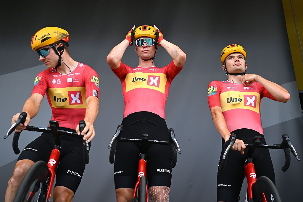 Bashed and bruised but Uno-X Mobility trio race on after heavy Tour de