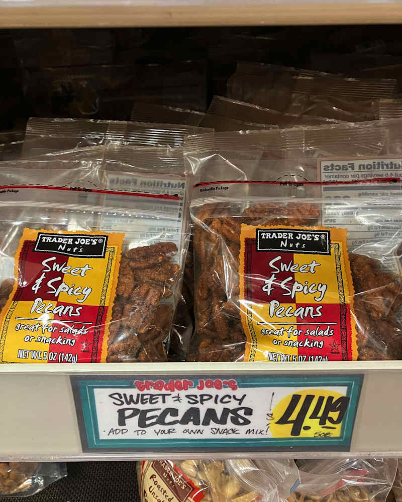 Spicy Sweet Pecans on shelf at Trader Joe's store