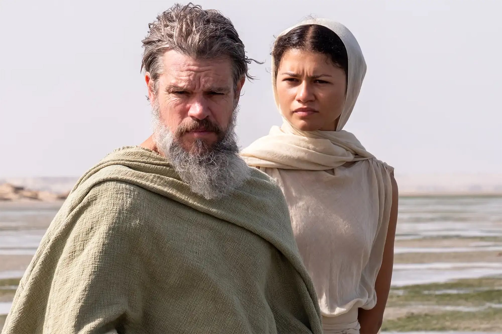Matt Damon as Odysseus and Zendaya as Athena. / Melinda Sue Gordon/Universal Pictures