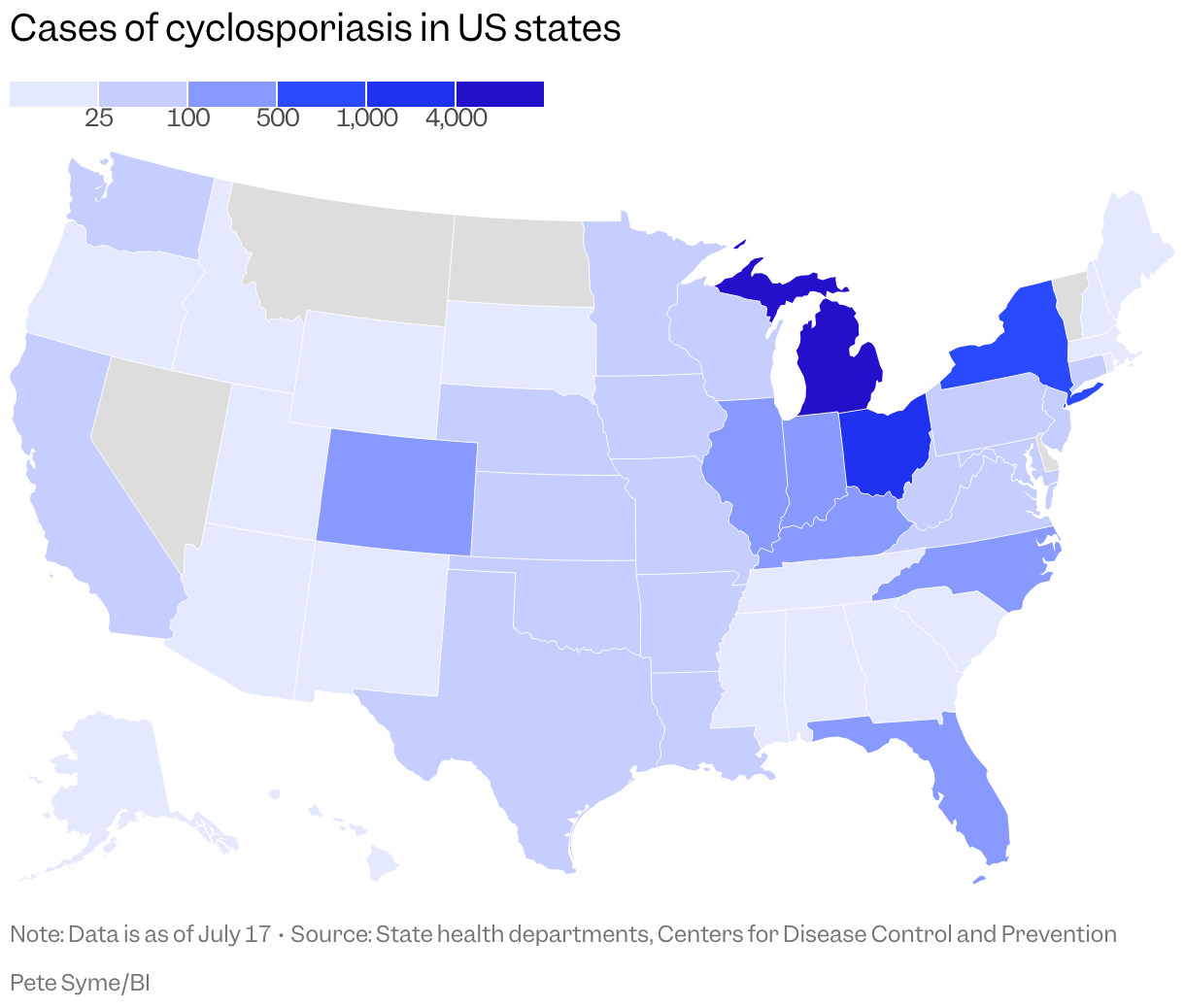 A map of the US shows the number of cyclosporiasis cases in each state, with a color scale depending on the number, with Michigan having the most.