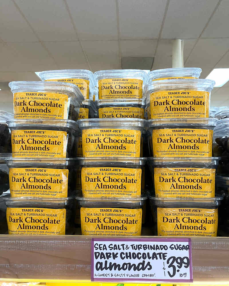 Sea Salt & Turbinado Sugar Dark Chocolate Almonds on shelf at Trader Joe's store