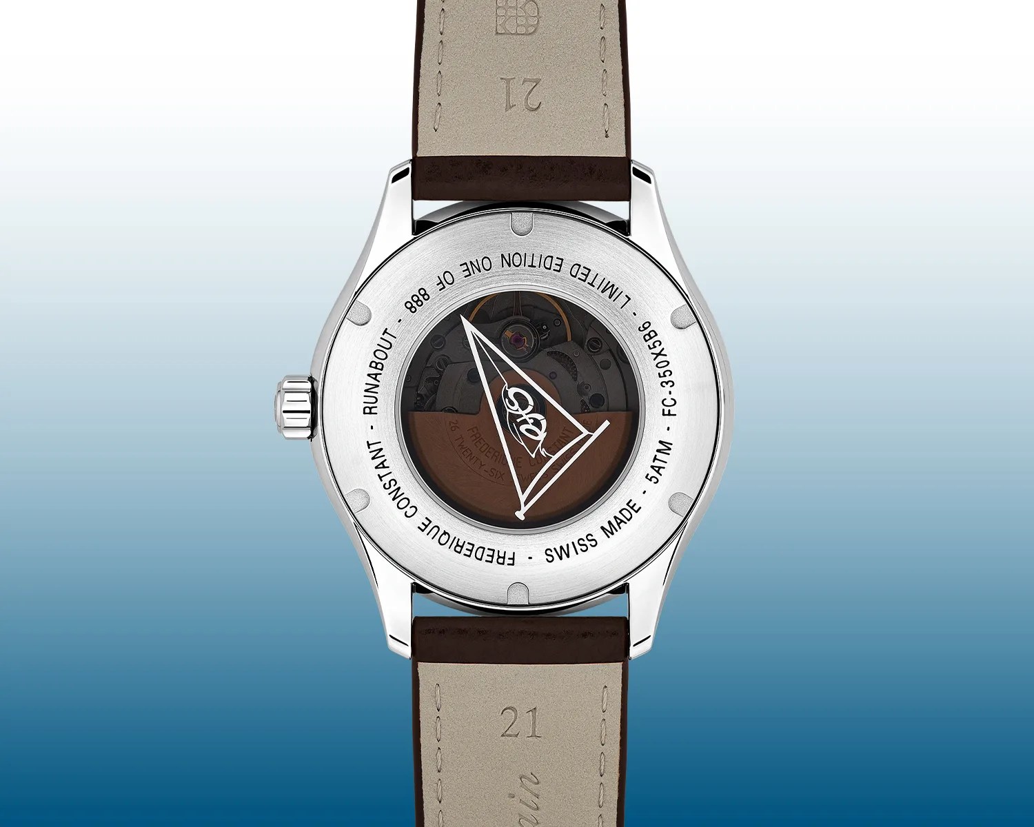 Back of a Frederique Constant Runabout watch with visible automatic movement and brown leather strap.