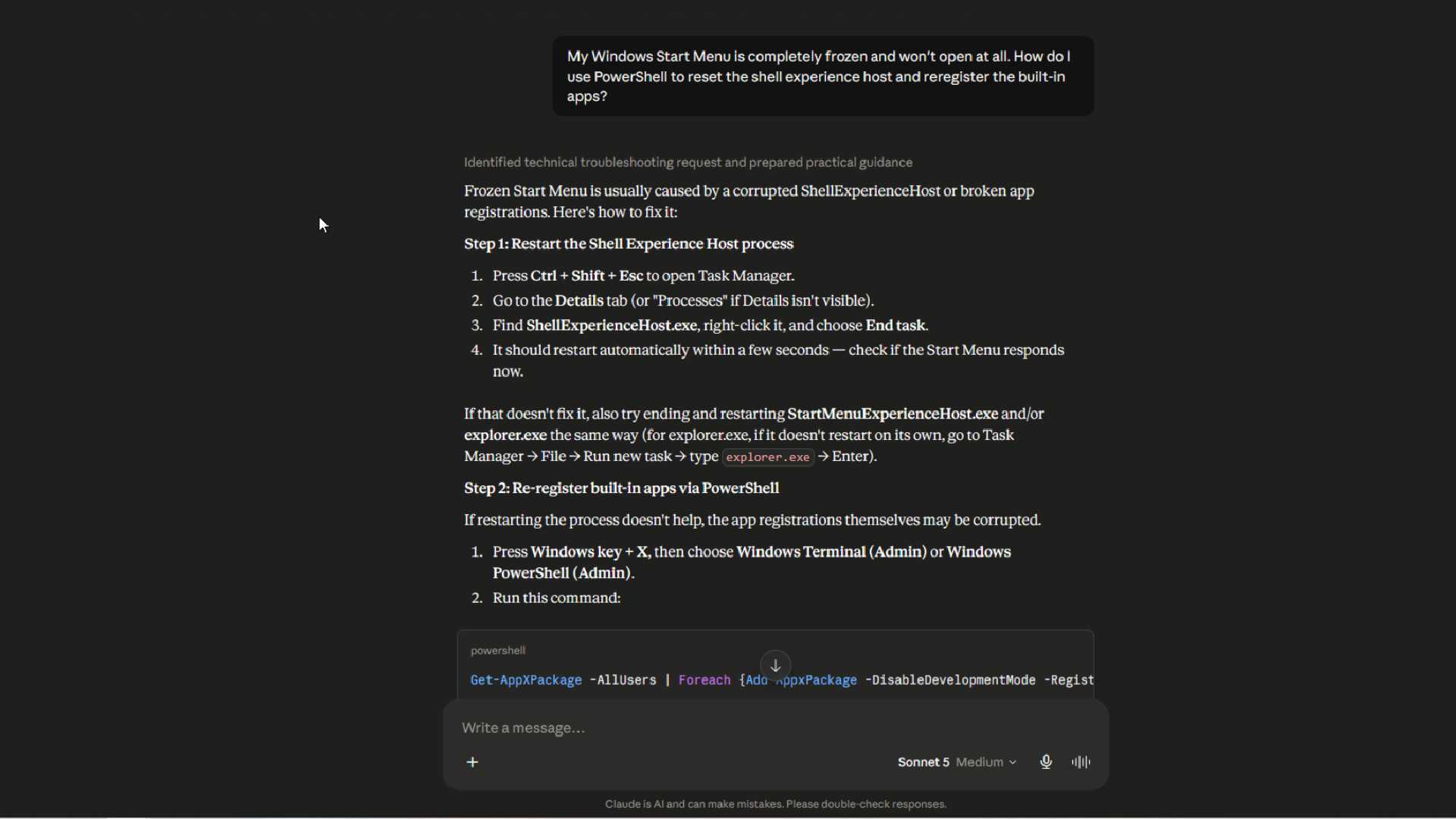 Claude answering windows start menu issue