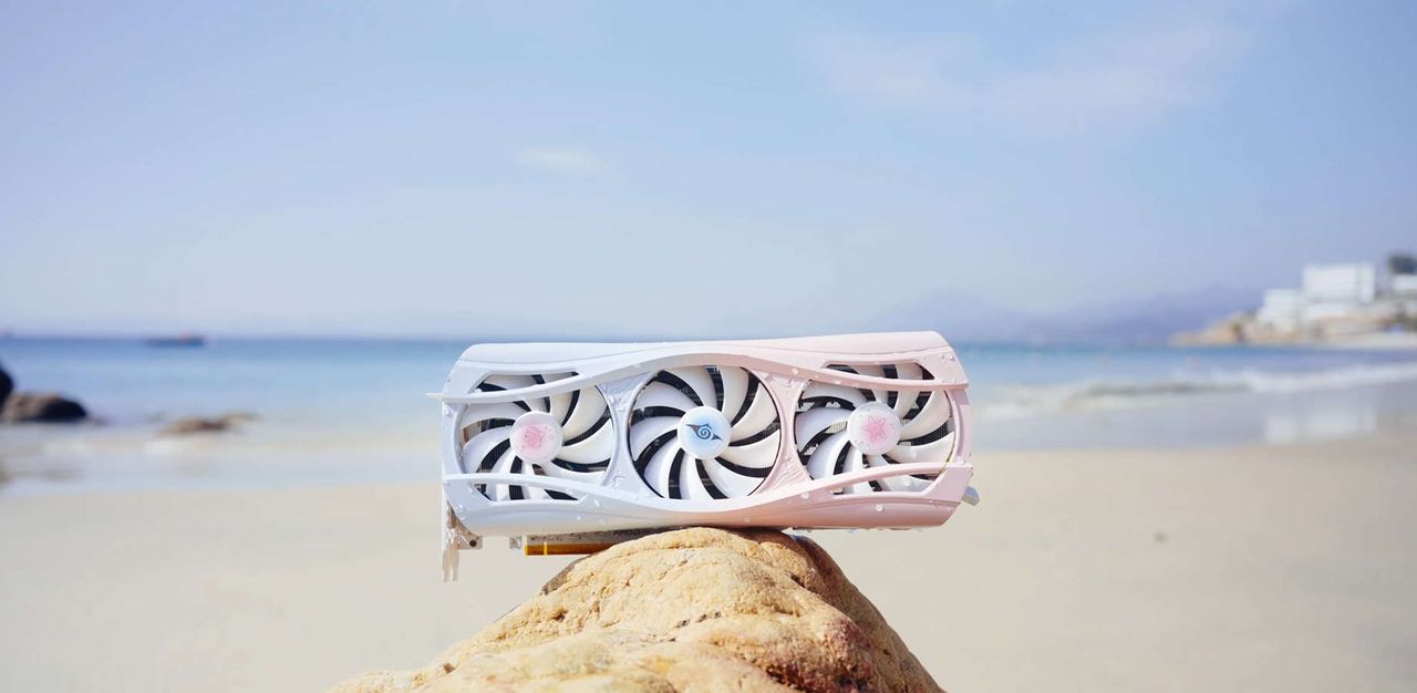 Yeston graphics card in its natural environment, on a rock, on a beach
