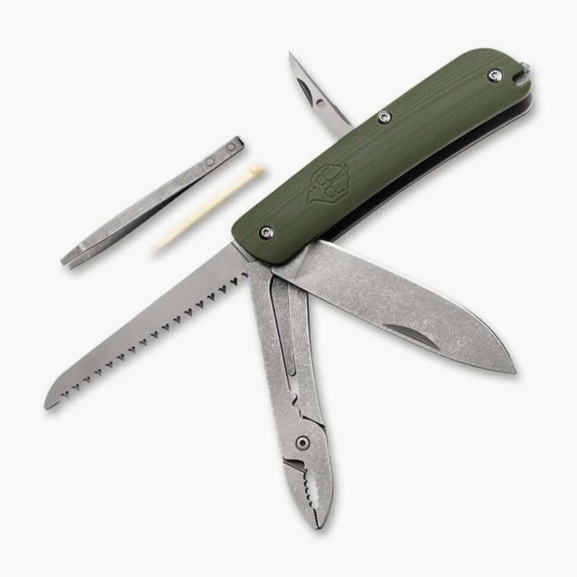 Multitool with green handle featuring a serrated saw blade, knife blade, pliers, and small pointed tool.