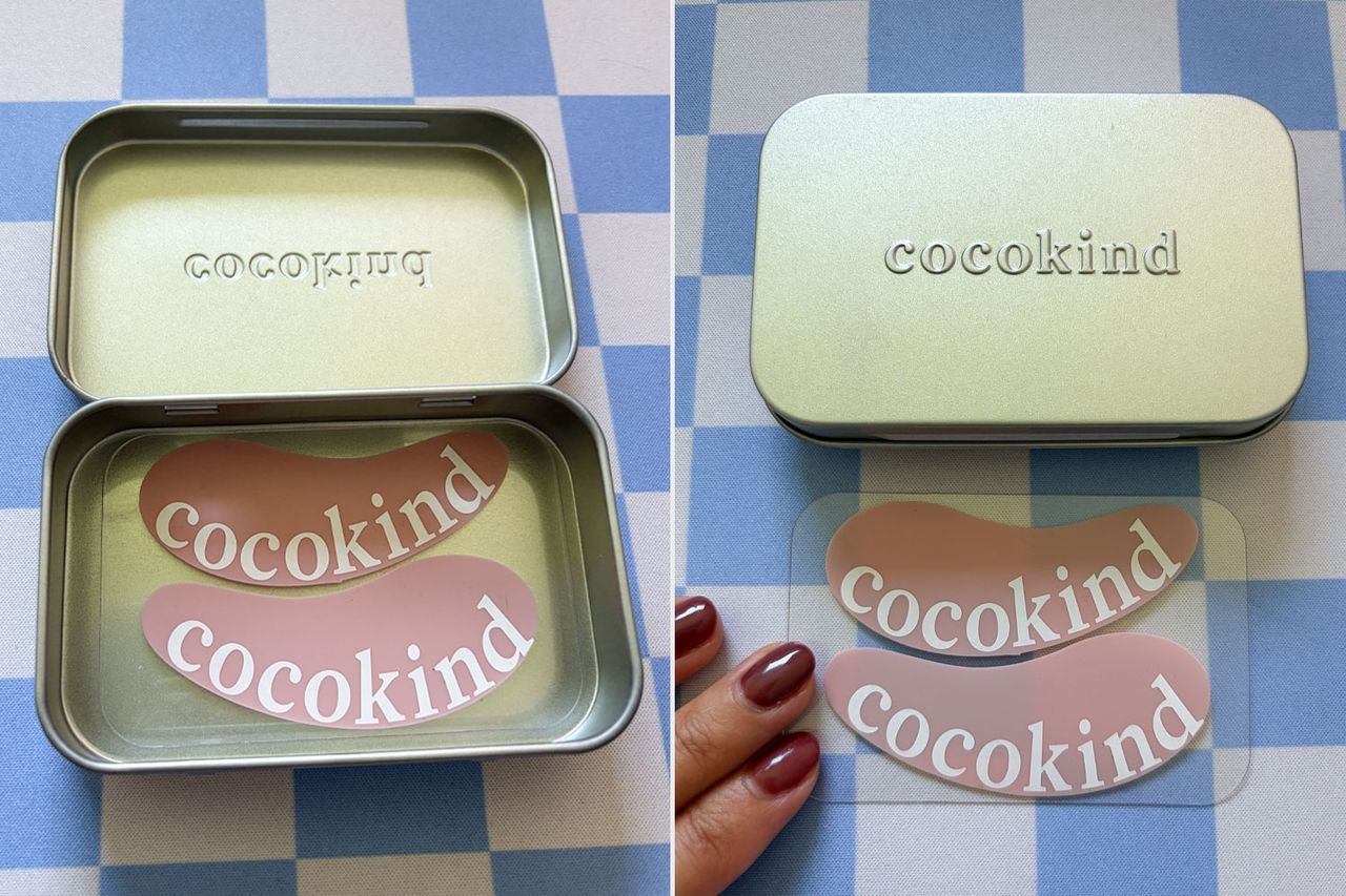 Reusable silicone eye patches in a tin case with branded text