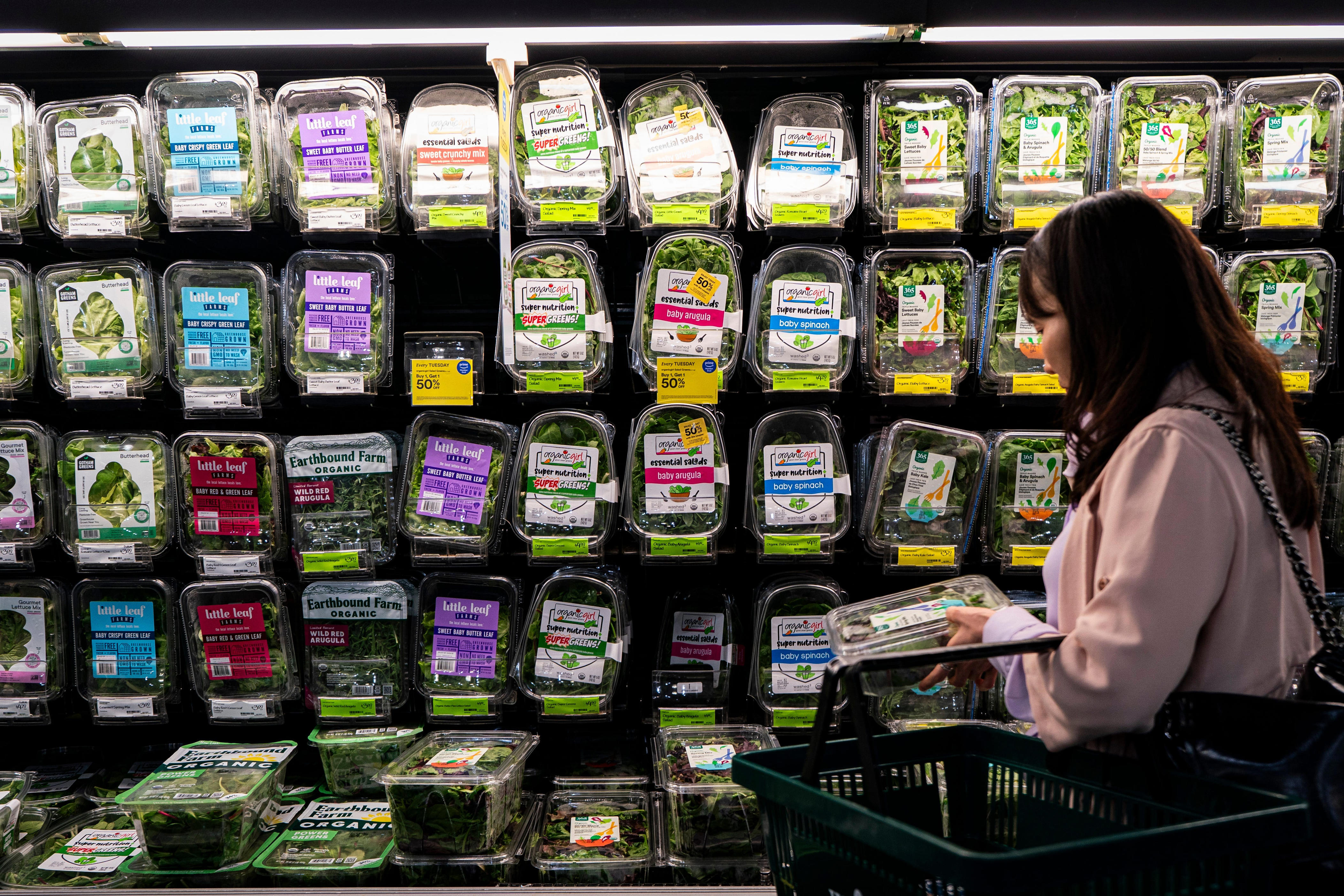 A shopper looks at plastic containers of lettuce in a cooler case at a grocery store while carrying a shopping basket.