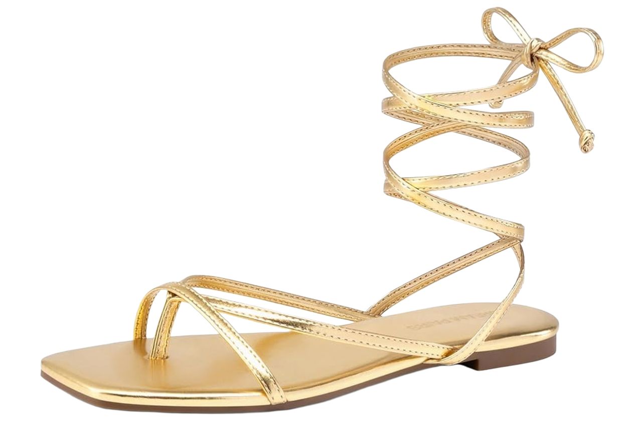 DREAM PAIRS Women's Strappy Flat Sandals - Comfortable Lace Up Gladiator Dressy Sandals, Square Toe Tie Up Walking Sandal, Summer Wrap Up Vocation Sandal Mermaid Shoes,Size 10,Gold,SDFS26010W | Flats