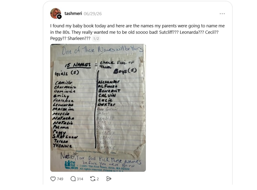 Screenshot from a Threads post about a woman who discovers a list of potential baby names her parents had for her.