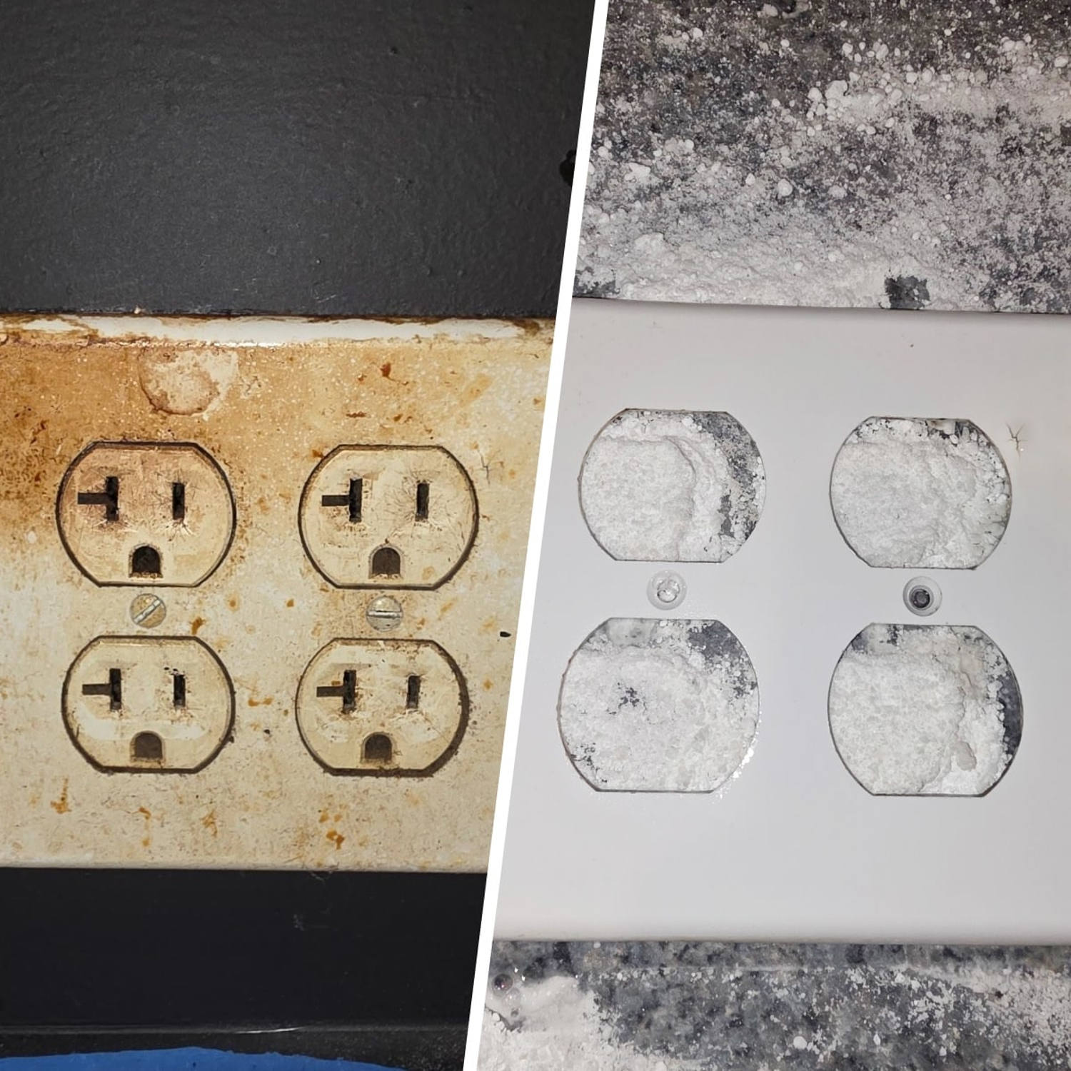 Before and after of Bar Keepers Friend Powder Cleanser on a stained outlet cover. (Courtesy Chrissy Callahan)