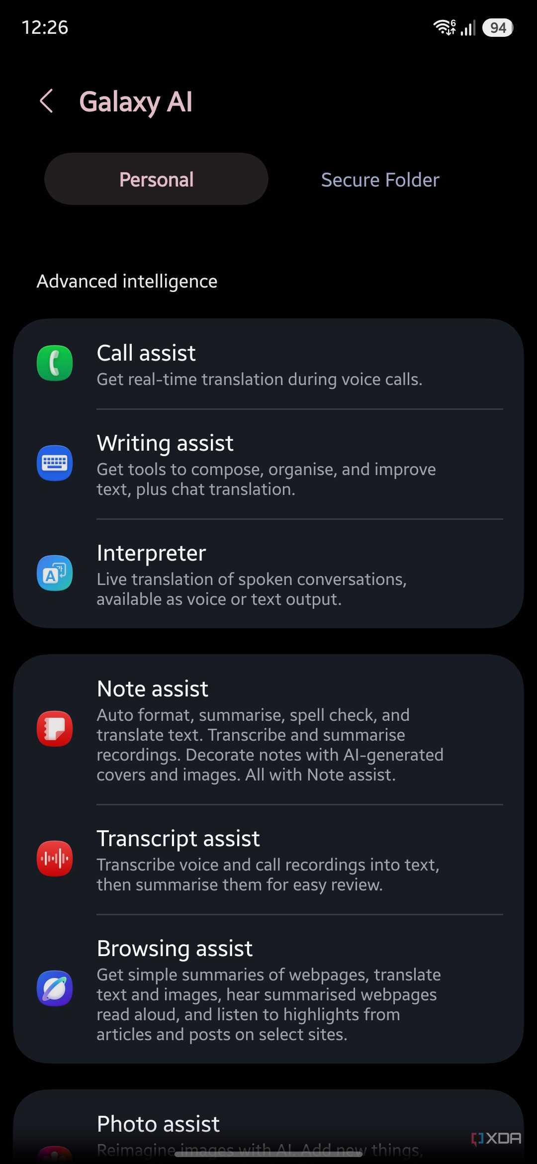 Galaxy AI settings page listing Advanced intelligence features including Call assist, Writing assist, and Interpreter