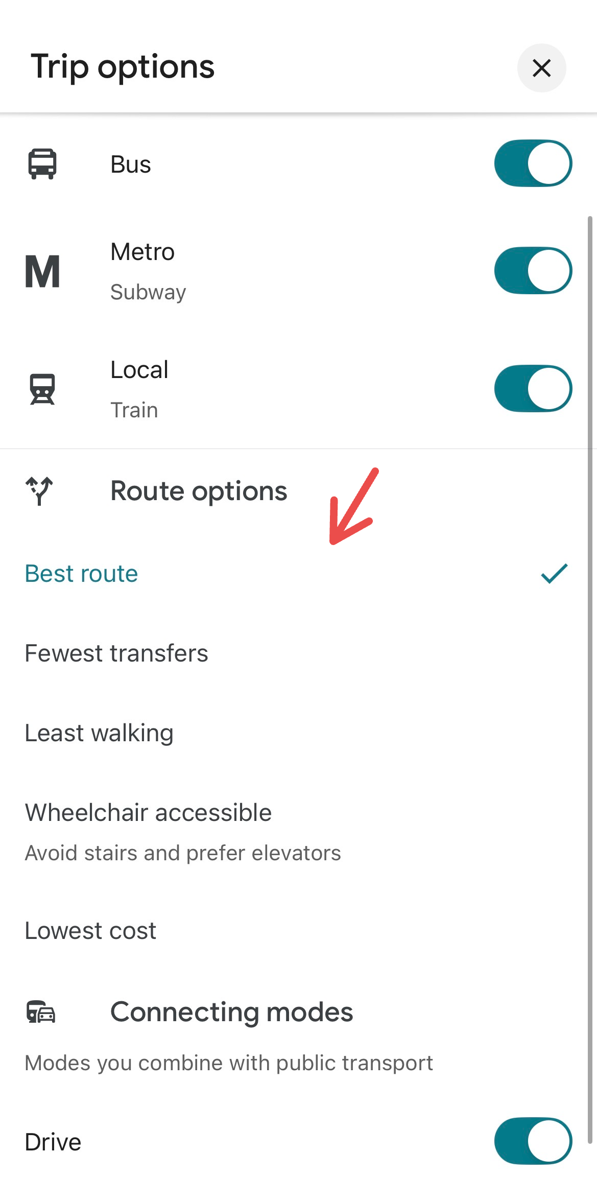 Route options for trips on Google Maps.