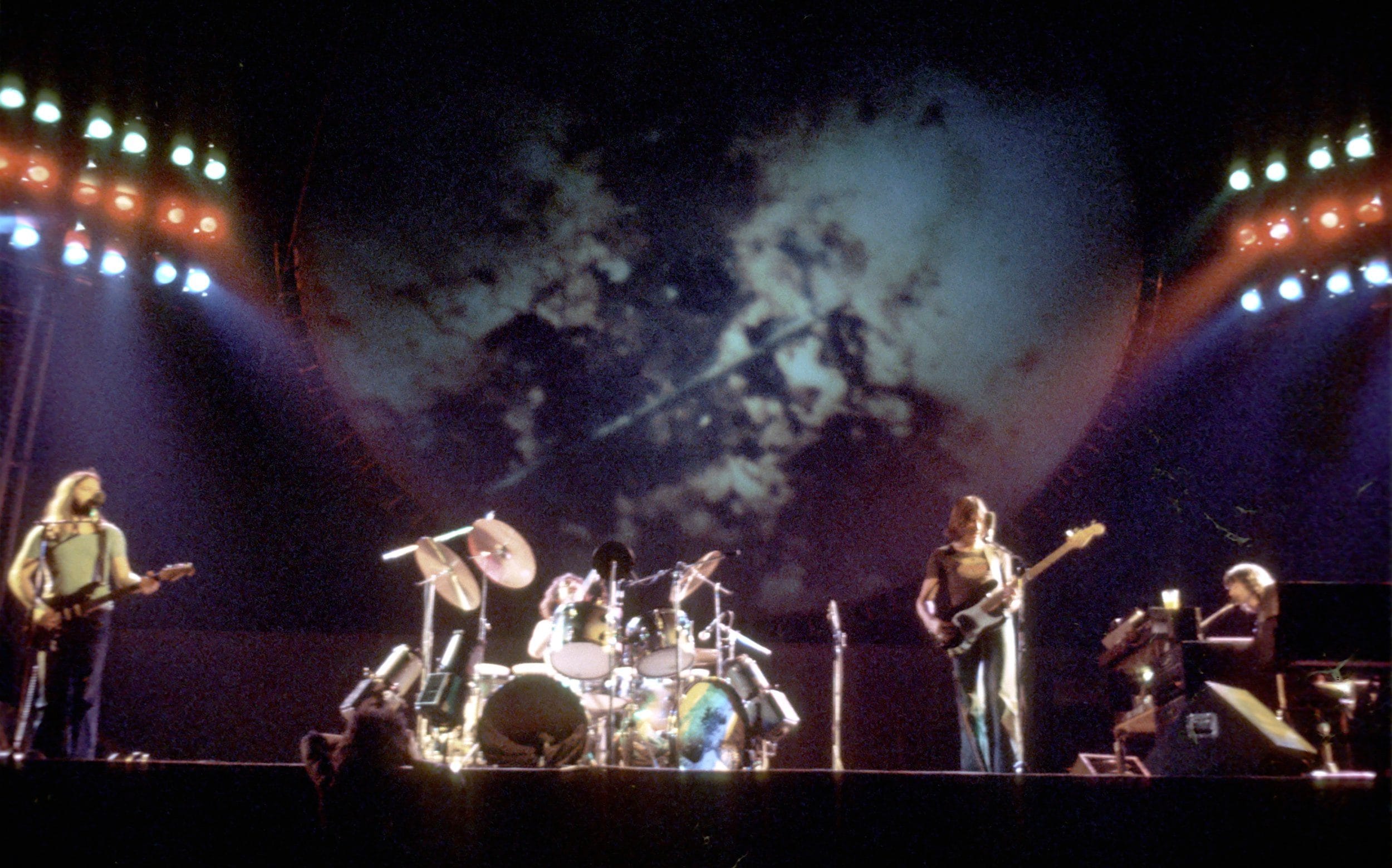British rock band Pink Floyd (L-R David Gilmour, Nick Mason, Roger Waters and Rick Wright perform live at the Los Angeles Memorial Sports Arena in April 1975 in Los Angeles