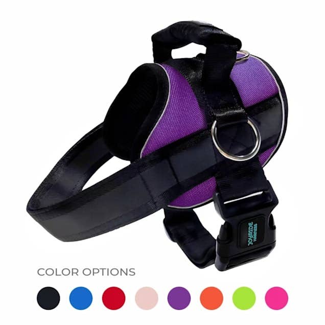 Dog harness with handle and buckle. Features are shown on the purple harness. Color options include black, blue, red, pink, tan, purple, green, and orange