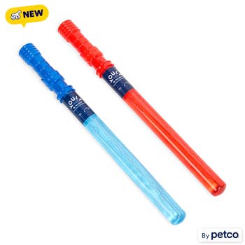 Two long bubble wands, one blue and one red, labeled as new and coming soon from Petco