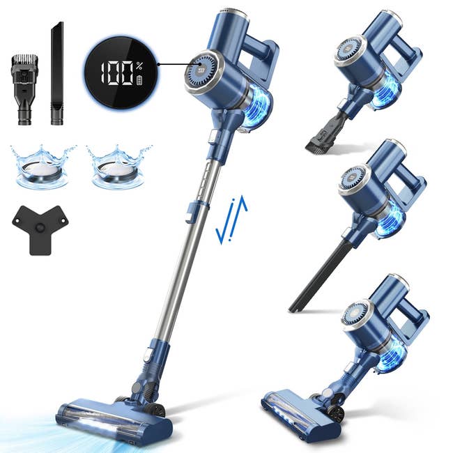 Cordless vacuum cleaner with LED display, detachable parts, and different attachments. Ideal for versatile home cleaning
