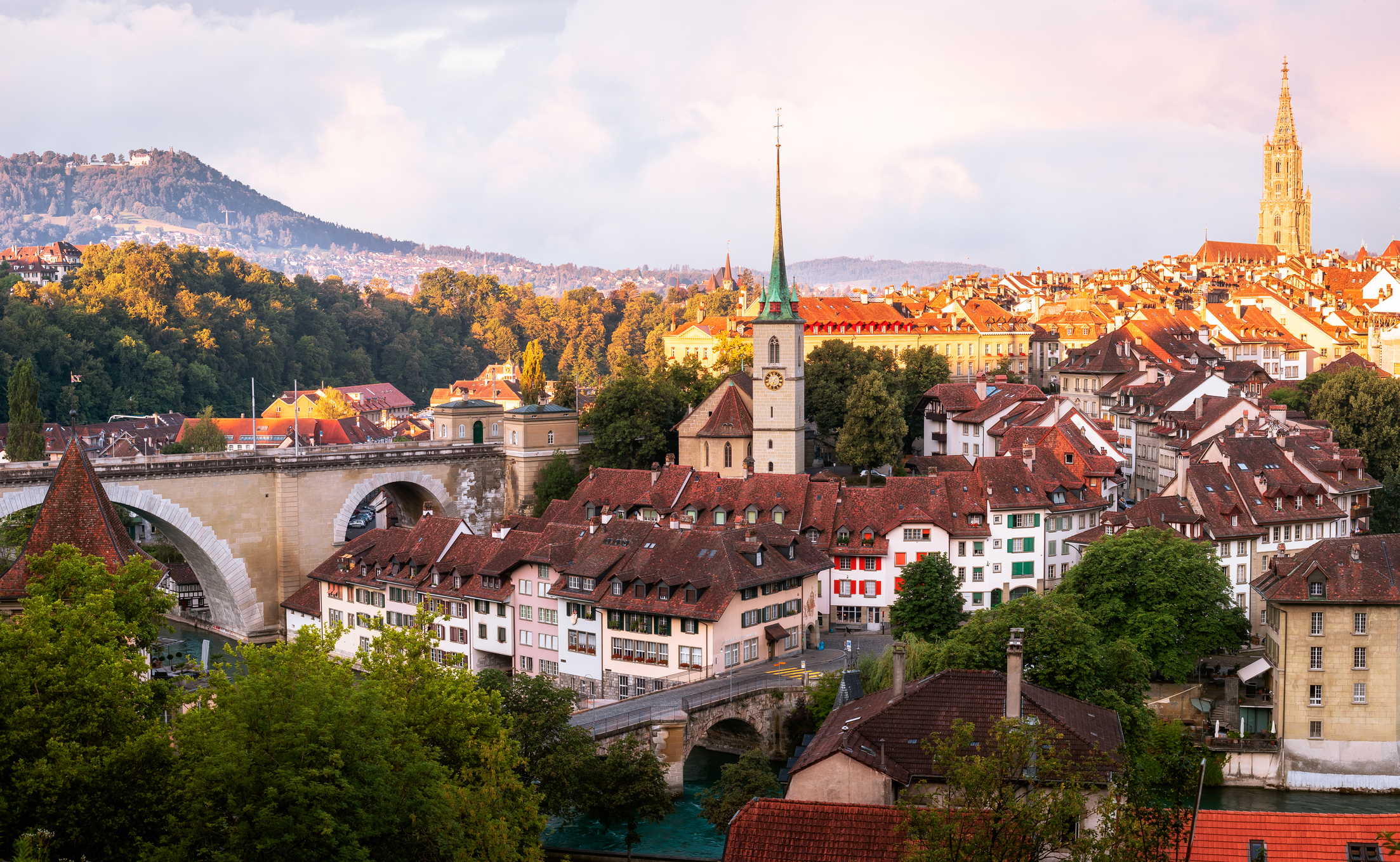 Bern Skyline taken from the Rosengarten at sunrise in Switzerland.