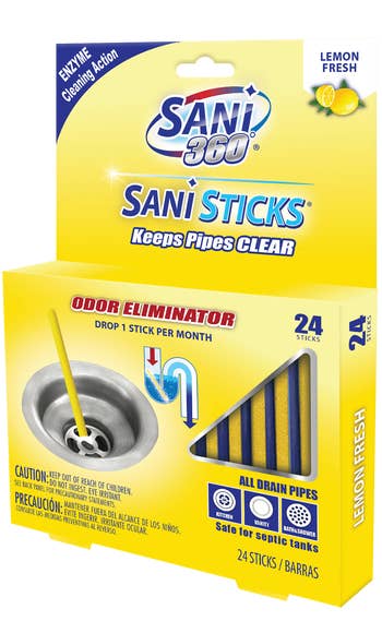 Sani 360 Sani Sticks package showing 24 lemon fresh sticks for cleaning and deodorizing pipes, with instructions to use one stick per month
