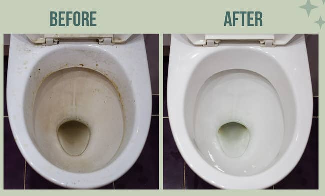 Image showing a toilet before and after cleaning with Powerstone Pumice Scouring Stone. Includes product features: 2-pack, vented storage case