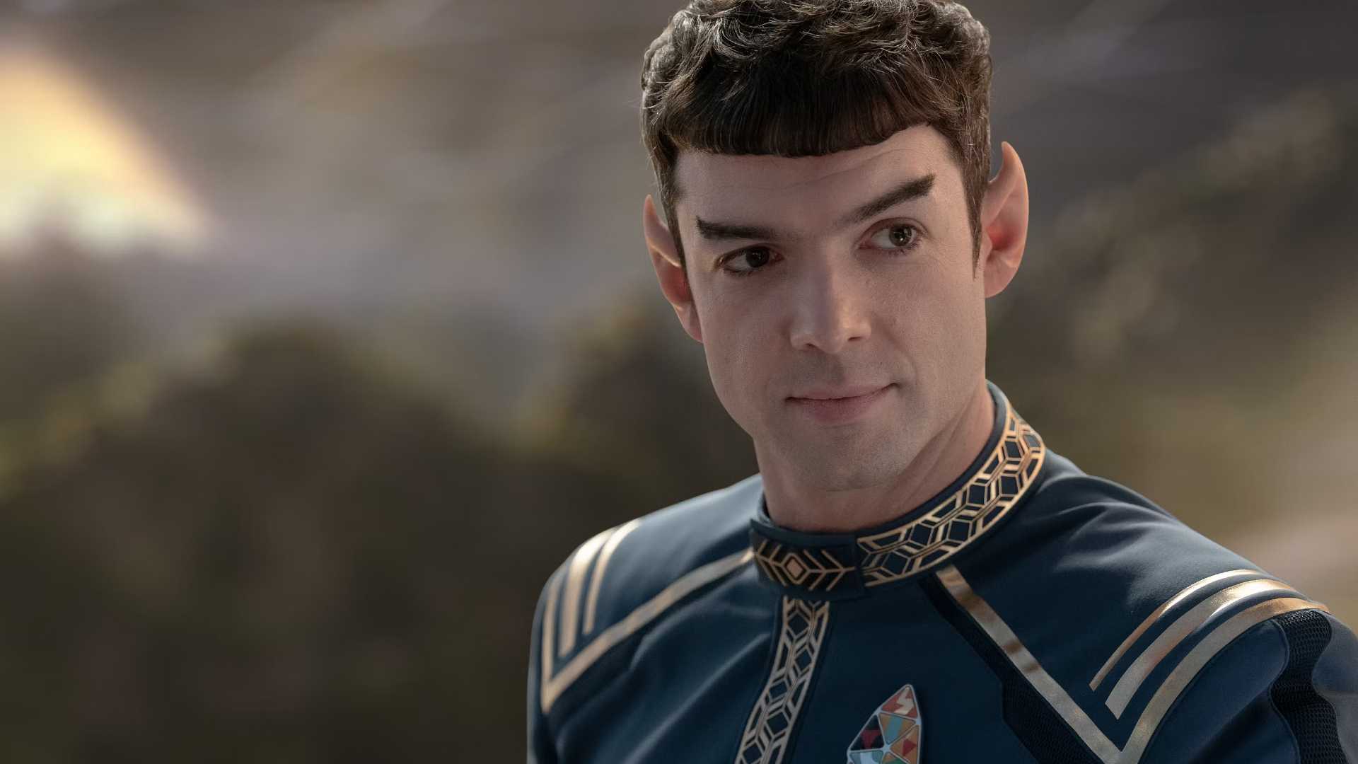 Ethan Peck as Spock in formal dress in Star Trek: Strange New Worlds.